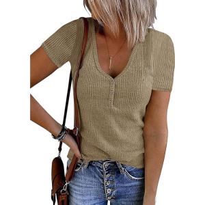 MEROKEETY Women’s 2026 Summer Short Sleeve Tops Casual V Neck T Shirts Ribbed Knit Henley Button Basic Blouse(Khaki)
