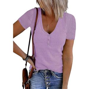 MEROKEETY Women’s 2026 Summer Short Sleeve Tops Casual V Neck T Shirts Ribbed Knit Henley Button Basic Blouse(Lavender)