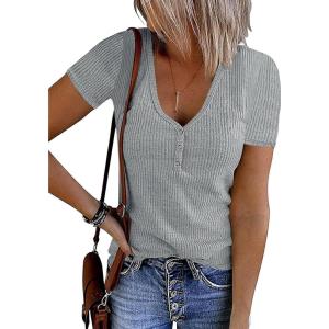 MEROKEETY Women’s 2026 Summer Short Sleeve Tops Casual V Neck T Shirts Ribbed Knit Henley Button Basic Blouse(Lightgrey)