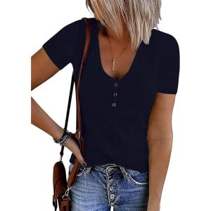 MEROKEETY Women’s 2026 Summer Short Sleeve Tops Casual V Neck T Shirts Ribbed Knit Henley Button Basic Blouse(Navy)
