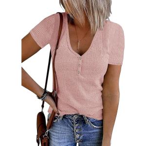 MEROKEETY Women’s 2026 Summer Short Sleeve Tops Casual V Neck T Shirts Ribbed Knit Henley Button Basic Blouse(Pink)
