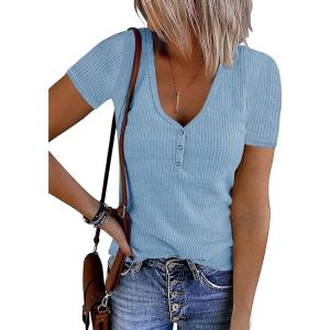 MEROKEETY Women’s 2026 Summer Short Sleeve Tops Casual V Neck T Shirts Ribbed Knit Henley Button Basic Blouse(Skyblue)