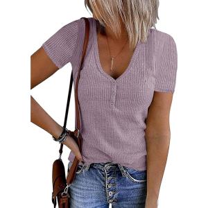 MEROKEETY Women’s 2026 Summer Short Sleeve Tops Casual V Neck T Shirts Ribbed Knit Henley Button Basic Blouse(Taro)
