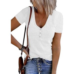 MEROKEETY Women’s 2026 Summer Short Sleeve Tops Casual V Neck T Shirts Ribbed Knit Henley Button Basic Blouse(White)