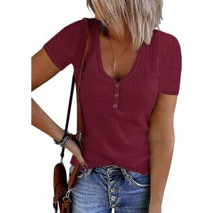 MEROKEETY Women’s 2026 Summer Short Sleeve Tops Casual V Neck T Shirts Ribbed Knit Henley Button Basic Blouse(Wine)
