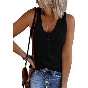MEROKEETY Women’s 2026 Summer Sleeveless Tank Tops V Neck Ribbed Dressy Casual Henley Shirts Button Loose Cami Tees(Black)