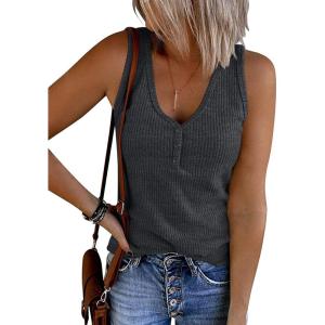MEROKEETY Women’s 2026 Summer Sleeveless Tank Tops V Neck Ribbed Dressy Casual Henley Shirts Button Loose Cami Tees(Darkgrey)