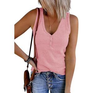 MEROKEETY Women’s 2026 Summer Sleeveless Tank Tops V Neck Ribbed Dressy Casual Henley Shirts Button Loose Cami Tees(Darkpink)