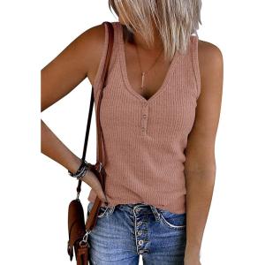 MEROKEETY Women’s 2026 Summer Sleeveless Tank Tops V Neck Ribbed Dressy Casual Henley Shirts Button Loose Cami Tees(Dustypink)