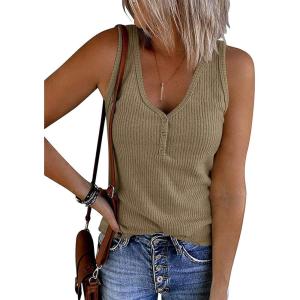 MEROKEETY Women’s 2026 Summer Sleeveless Tank Tops V Neck Ribbed Dressy Casual Henley Shirts Button Loose Cami Tees(Khaki)