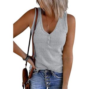 MEROKEETY Women’s 2026 Summer Sleeveless Tank Tops V Neck Ribbed Dressy Casual Henley Shirts Button Loose Cami Tees(Lightgrey)
