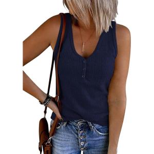 MEROKEETY Women’s 2026 Summer Sleeveless Tank Tops V Neck Ribbed Dressy Casual Henley Shirts Button Loose Cami Tees(Navy)