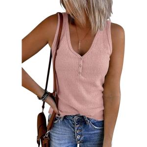 MEROKEETY Women’s 2026 Summer Sleeveless Tank Tops V Neck Ribbed Dressy Casual Henley Shirts Button Loose Cami Tees(Pink)
