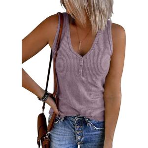 MEROKEETY Women’s 2026 Summer Sleeveless Tank Tops V Neck Ribbed Dressy Casual Henley Shirts Button Loose Cami Tees(Taro)