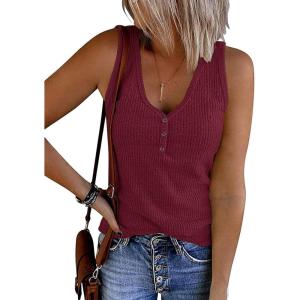 MEROKEETY Women’s 2026 Summer Sleeveless Tank Tops V Neck Ribbed Dressy Casual Henley Shirts Button Loose Cami Tees(Wine)