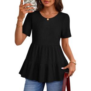 MEROKEETY Women’s 2026 Summer Spring Tunic Babydoll Tops Short Sleeve Waffle Knit Shirts Casual Loose Peplum Blouses(Black)
