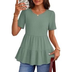 MEROKEETY Women’s 2026 Summer Spring Tunic Babydoll Tops Short Sleeve Waffle Knit Shirts Casual Loose Peplum Blouses(Olive)