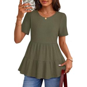 MEROKEETY Women’s 2026 Summer Spring Tunic Babydoll Tops Short Sleeve Waffle Knit Shirts Casual Loose Peplum Blouses(Seagrass)