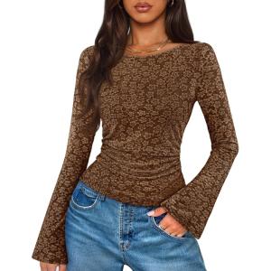 MEROKEETY Women’s Bell Long Sleeve Shirts 2025 Fall Floral Going Out Tops Slim Fit Y2k Clothes Outifts(Brown)