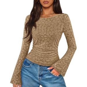 MEROKEETY Women’s Bell Long Sleeve Shirts 2025 Fall Floral Going Out Tops Slim Fit Y2k Clothes Outifts(Darkkhaki)