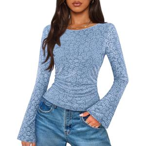 MEROKEETY Women’s Bell Long Sleeve Shirts 2025 Fall Floral Going Out Tops Slim Fit Y2k Clothes Outifts(Dustyblue)