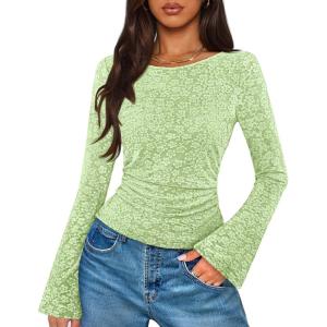 MEROKEETY Women’s Bell Long Sleeve Shirts 2025 Fall Floral Going Out Tops Slim Fit Y2k Clothes Outifts(Green)