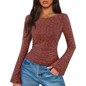 MEROKEETY Women’s Bell Long Sleeve Shirts 2025 Fall Floral Going Out Tops Slim Fit Y2k Clothes Outifts(Maroon)