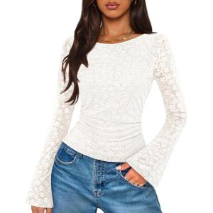 MEROKEETY Women’s Bell Long Sleeve Shirts 2025 Fall Floral Going Out Tops Slim Fit Y2k Clothes Outifts(White)