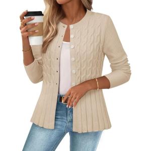MEROKEETY Women’s Cable Knit Peplum Cardigan Sweaters 2026 Trendy Fall Open Front Button Down Soft Knitted Coat(Apricot)