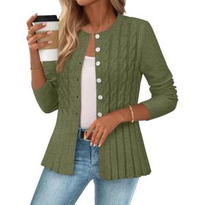 MEROKEETY Women’s Cable Knit Peplum Cardigan Sweaters 2026 Trendy Fall Open Front Button Down Soft Knitted Coat(Army Green)