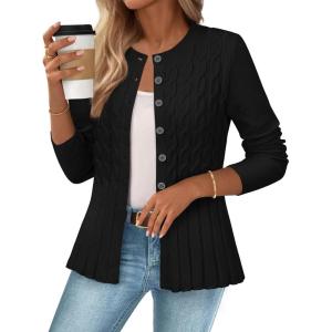 MEROKEETY Women’s Cable Knit Peplum Cardigan Sweaters 2026 Trendy Fall Open Front Button Down Soft Knitted Coat(Black)