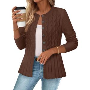 MEROKEETY Women’s Cable Knit Peplum Cardigan Sweaters 2026 Trendy Fall Open Front Button Down Soft Knitted Coat(Brown)