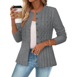 MEROKEETY Women’s Cable Knit Peplum Cardigan Sweaters 2026 Trendy Fall Open Front Button Down Soft Knitted Coat(Grey)