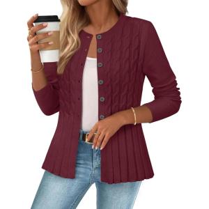 MEROKEETY Women’s Cable Knit Peplum Cardigan Sweaters 2026 Trendy Fall Open Front Button Down Soft Knitted Coat(Wine)