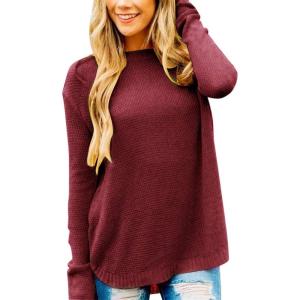 MEROKEETY Women’s Casual Long Sleeve Sweaters 2025 Loose Crew Neck Fall Winter Knit Pullover Sweater Tops(Burgundy)