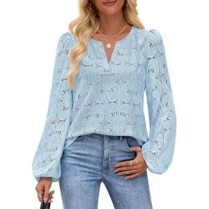 MEROKEETY Women’s Eyelet Long Sleeve Shirts Tops Dressy Casual Fall Trendy Flower Lace Boho Crochet Blouses(Blue)