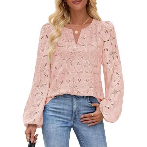 MEROKEETY Women’s Eyelet Long Sleeve Shirts Tops Dressy Casual Fall Trendy Flower Lace Boho Crochet Blouses(Pink)