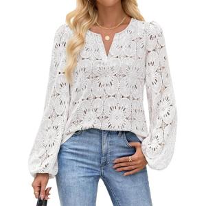 MEROKEETY Women’s Eyelet Long Sleeve Shirts Tops Dressy Casual Fall Trendy Flower Lace Boho Crochet Blouses(White)
