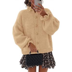 MEROKEETY Women’s Fall 2026 Chunky Cardigan Sweaters Trendy Ruffle Button Down Long Sleeve Casual Knit Coat Winter Clothes(Apricot)