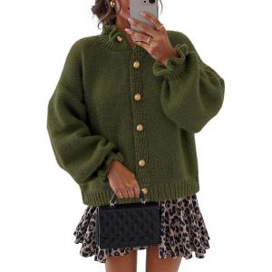 MEROKEETY Women’s Fall 2026 Chunky Cardigan Sweaters Trendy Ruffle Button Down Long Sleeve Casual Knit Coat Winter Clothes(Army Green)
