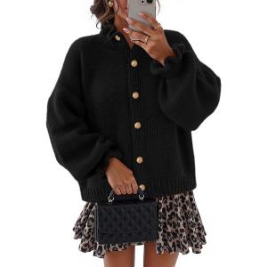 MEROKEETY Women’s Fall 2026 Chunky Cardigan Sweaters Trendy Ruffle Button Down Long Sleeve Casual Knit Coat Winter Clothes(Black)