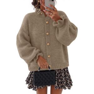 MEROKEETY Women’s Fall 2026 Chunky Cardigan Sweaters Trendy Ruffle Button Down Long Sleeve Casual Knit Coat Winter Clothes(Camel)