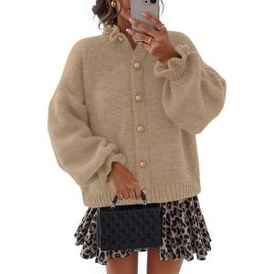 MEROKEETY Women’s Fall 2026 Chunky Cardigan Sweaters Trendy Ruffle Button Down Long Sleeve Casual Knit Coat Winter Clothes(Khaki)