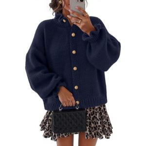 MEROKEETY Women’s Fall 2026 Chunky Cardigan Sweaters Trendy Ruffle Button Down Long Sleeve Casual Knit Coat Winter Clothes(Navy)