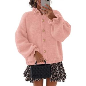 MEROKEETY Women’s Fall 2026 Chunky Cardigan Sweaters Trendy Ruffle Button Down Long Sleeve Casual Knit Coat Winter Clothes(Pink)