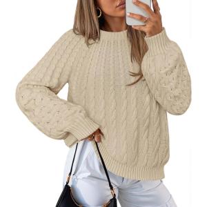 MEROKEETY Women’s Fall Cable Knit Sweater 2025 Fashion Warm Crew Neck Lantern Sleeve Chunky Winter Pullover Tops(Apricot)
