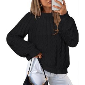MEROKEETY Women’s Fall Cable Knit Sweater 2025 Fashion Warm Crew Neck Lantern Sleeve Chunky Winter Pullover Tops(Black)