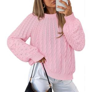 MEROKEETY Women’s Fall Cable Knit Sweater 2025 Fashion Warm Crew Neck Lantern Sleeve Chunky Winter Pullover Tops(Pink)