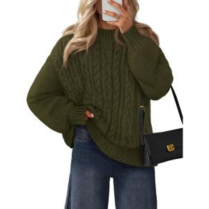 MEROKEETY Womens Fall Cable Knit Sweaters 2025 Long Lantern Sleeve Crewneck Chunky Loose Pullover Tops Winter Clothes(Army Green)
