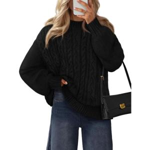 MEROKEETY Womens Fall Cable Knit Sweaters 2025 Long Lantern Sleeve Crewneck Chunky Loose Pullover Tops Winter Clothes(Black)
